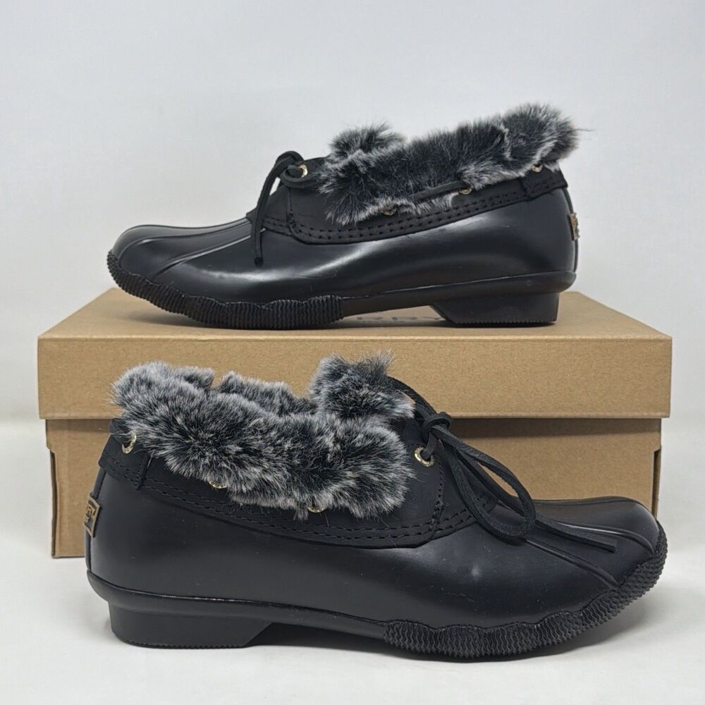 Sperry Womens 7M Duck Shoes Black Faux Fur Rain Loafers STS85437 STORE MODEL